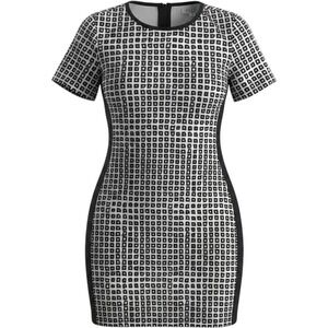 REED Pencil Dress XS Black White Geometric Short Sleeve Round Neck Zip Knee
